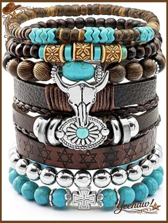 Jewelry - 8 Pcs Stack Western Bracelets Set Turquoise Beaded Concho Bangle Cowboy Chic